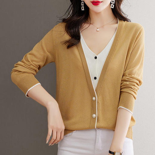 假两件针织开衫薄款，洋气拼色V领上衣CC-56-2310 商品图0