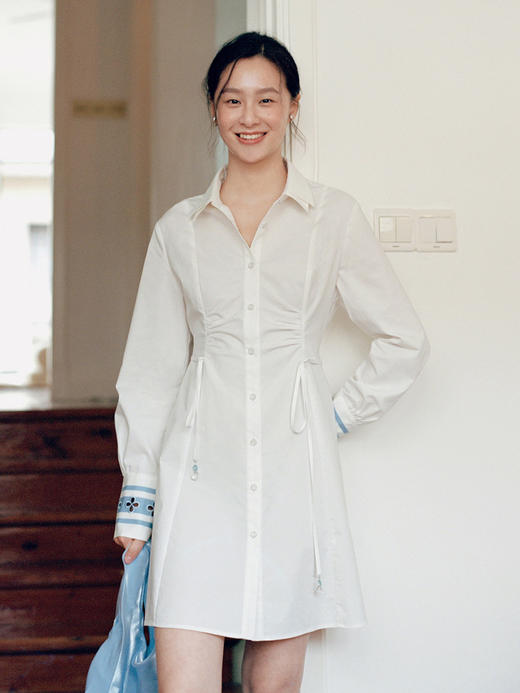 Even Vintage | 春日氛围 天然水晶点缀绑带收腰显瘦衬衫连衣裙夏 商品图1