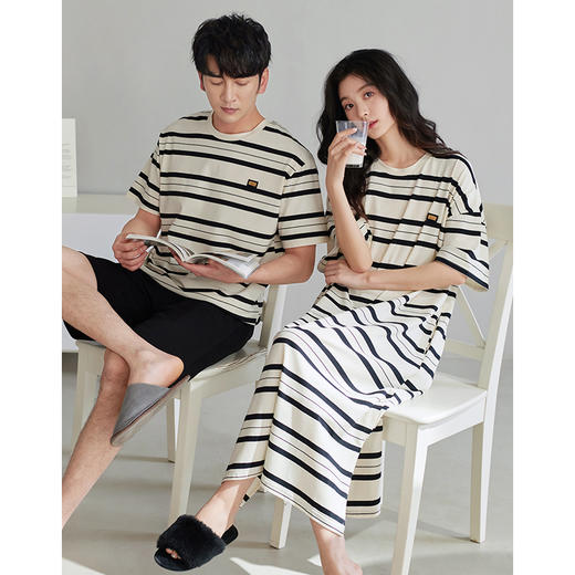 可人儿夏季情侣纯棉睡衣简约休闲薄款条纹睡裙女可外穿家居服套装 商品图2