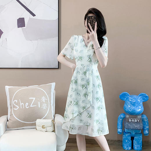 奢姿2023年夏季新款大码女装印花V领雪纺连衣裙胖妹妹减龄裙子9932825455 商品图1