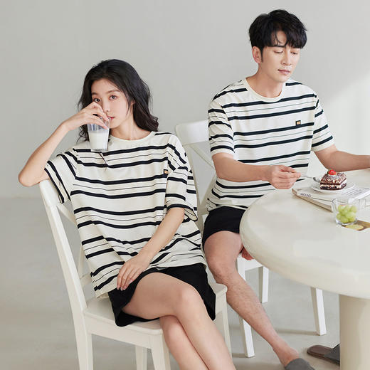 可人儿夏季情侣纯棉睡衣简约休闲薄款条纹睡裙女可外穿家居服套装 商品图6