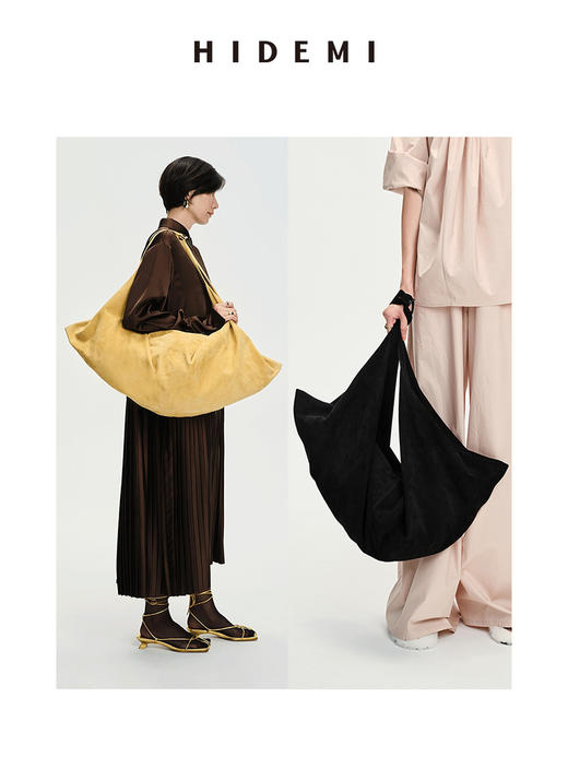 HIDEMI 多用设计感麂皮行囊包大号 黑色/姜黄色/军绿色/咖色 商品图0