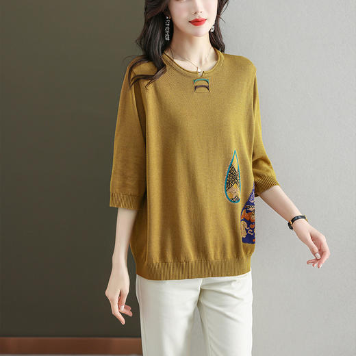 七分袖针织衫女宽松上衣，时尚洋气半袖夏季薄款t恤小衫CC-21-2335 商品图3