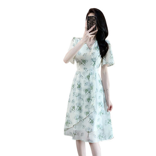奢姿2023年夏季新款大码女装印花V领雪纺连衣裙胖妹妹减龄裙子9932825455 商品图4
