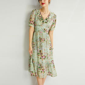 V字领时尚显瘦荷叶边，真丝桑蚕丝连衣裙KBN-230129