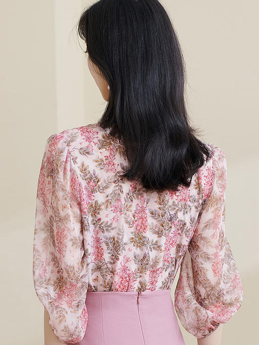 米思阳2026夏季新款100%桑蚕丝淑女粉色衬衫泡泡袖碎花上衣女1330/1059 商品图2