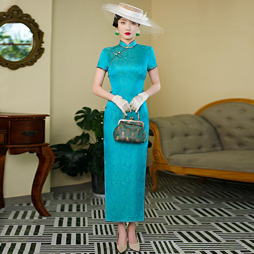 WX-WXG-6新款真丝提花段长袖文艺复古连衣旗袍裙 商品图1
