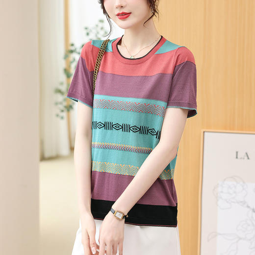 冰丝夏装撞色半袖上衣针织衫薄款T恤CC-89226 商品图5