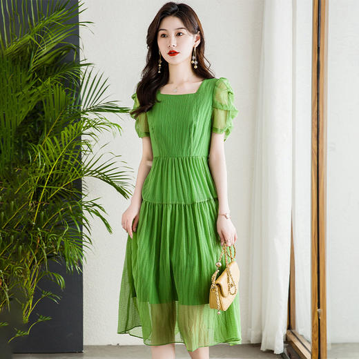 QYMTB-FC1367-Y气质洋气绿色连衣裙2023年夏季新款时尚女装短袖中长裙 商品图1