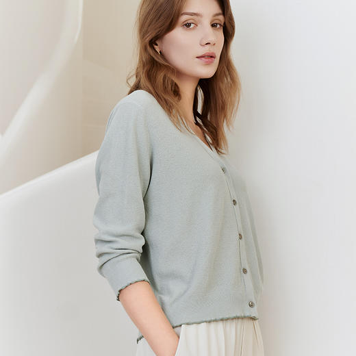 【棉+桑蚕丝V领针织开衫】23年春夏新品女士针织小外套时尚七分袖薄款上衣 商品图1