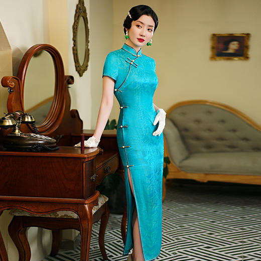 WX-WXG-6新款真丝提花段长袖文艺复古连衣旗袍裙 商品图2