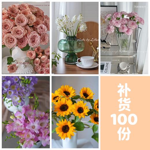 【补货100份】卡布奇诺玫瑰10支+白色雀梅5支+优选香雪兰5支+小花向日葵5支+紫精灵康乃馨5支/份 商品图0