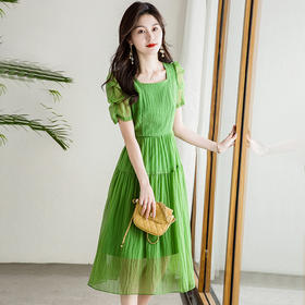 QYMTB-FC1367-Y气质洋气绿色连衣裙2023年夏季新款时尚女装短袖中长裙