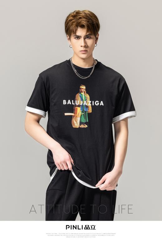 PINLI品立春季新款男士印花T恤圆领短袖体恤潮牌BG231111043 商品图0