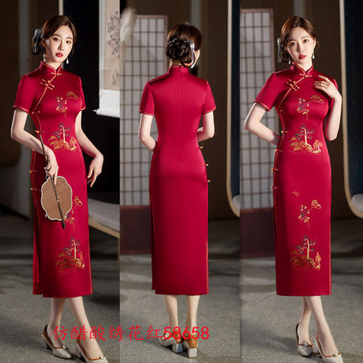 仿醋酸绣花长款短袖，复古民族风中老年旗袍GX-58658 商品图0