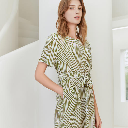 【100%桑蚕丝连衣裙】23年春夏新品女士中长款真丝连衣裙时尚条纹系带裙子 商品图1