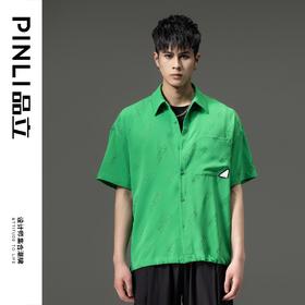 PINLI品立夏季新款纯色翻领衬衫潮牌字母短袖衬衣休闲男上衣B232113026