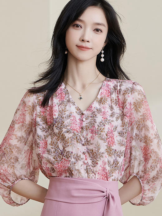 米思阳2026夏季新款100%桑蚕丝淑女粉色衬衫泡泡袖碎花上衣女1330/1059 商品图1