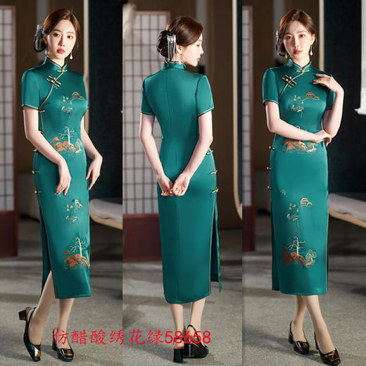 仿醋酸绣花长款短袖，复古民族风中老年旗袍GX-58658 商品图3