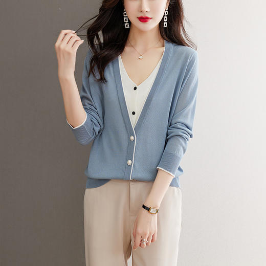 假两件针织开衫薄款，洋气拼色V领上衣CC-56-2310 商品图6