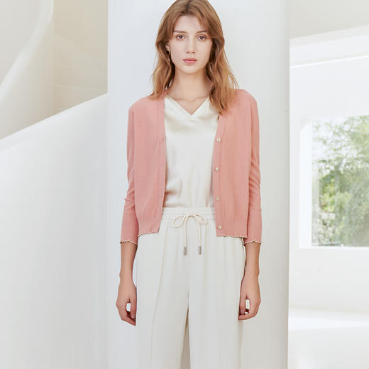 【棉+桑蚕丝V领针织开衫】23年春夏新品女士针织小外套时尚七分袖薄款上衣 商品图5