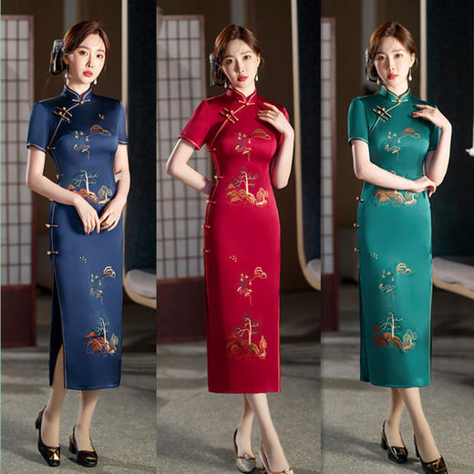 仿醋酸绣花长款短袖，复古民族风中老年旗袍GX-58658 商品图1