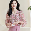 米思阳2026夏季新款100%桑蚕丝淑女粉色衬衫泡泡袖碎花上衣女1330/1059 商品缩略图0
