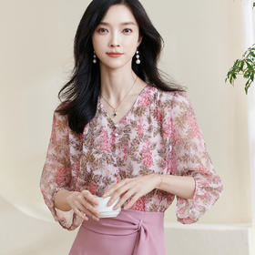 米思阳2026夏季新款100%桑蚕丝淑女粉色衬衫泡泡袖碎花上衣女1330/1059