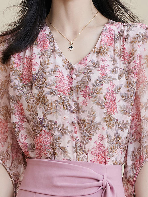 米思阳2026夏季新款100%桑蚕丝淑女粉色衬衫泡泡袖碎花上衣女1330/1059 商品图4