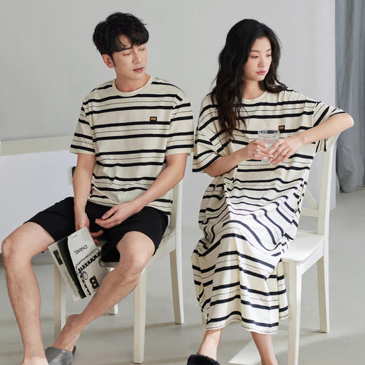 可人儿夏季情侣纯棉睡衣简约休闲薄款条纹睡裙女可外穿家居服套装 商品图3
