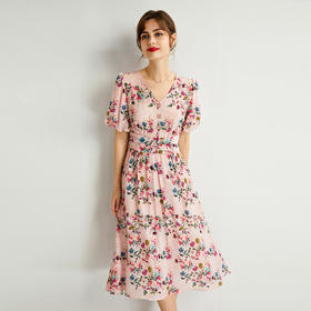 褶皱轻熟风双绉真丝，印花蚕丝连衣裙KBN-230120