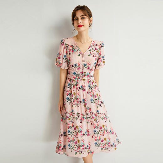 褶皱轻熟风双绉真丝，印花蚕丝连衣裙KBN-230120 商品图0