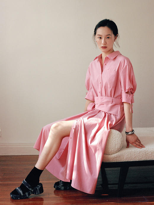 Even Vintage | 天丝质感 原创设计腰封式收腰大裙摆衬衫连衣裙夏 商品图3