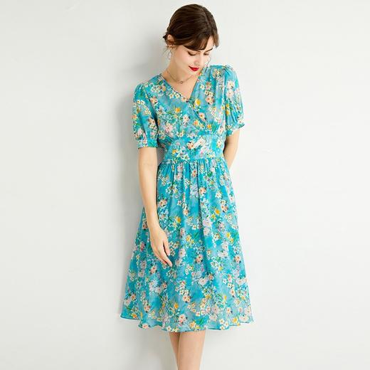 v领时尚收腰桑蚕丝，碎花真丝连衣裙KBN-230117 商品图4