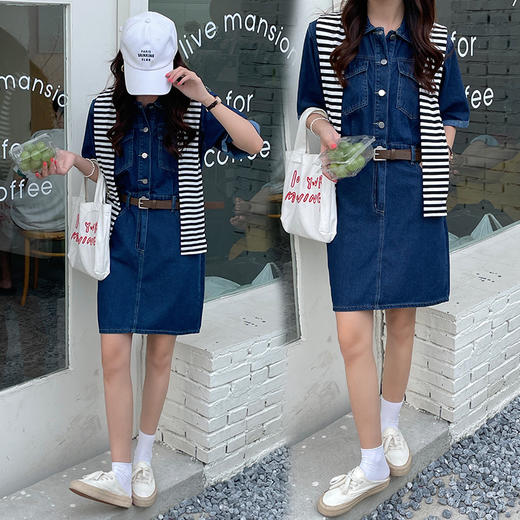 2023春季新款韩版百搭中长款短袖牛仔连衣裙 商品图1