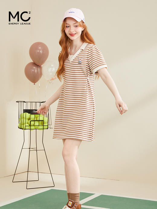 MC2法式V领条纹T恤裙2023夏新款收腰显瘦A字裙小个子气质连衣裙 商品图2