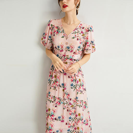 褶皱轻熟风双绉真丝，印花蚕丝连衣裙KBN-230120 商品图1