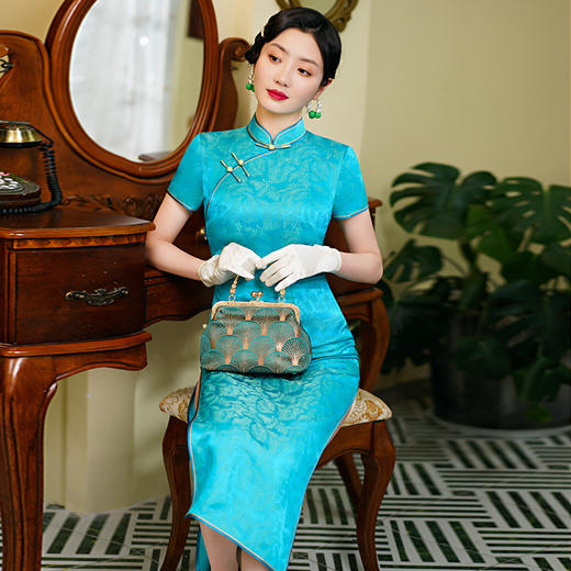 WX-WXG-6新款真丝提花段长袖文艺复古连衣旗袍裙 商品图3