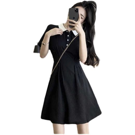 气质连衣裙女2023新款春季学生polo领短袖收腰显瘦学院风小黑裙潮 商品图4