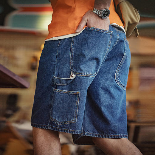 【非自营】美式复古伐木工牛仔短裤 多口袋水洗深色五分裤 商品图0