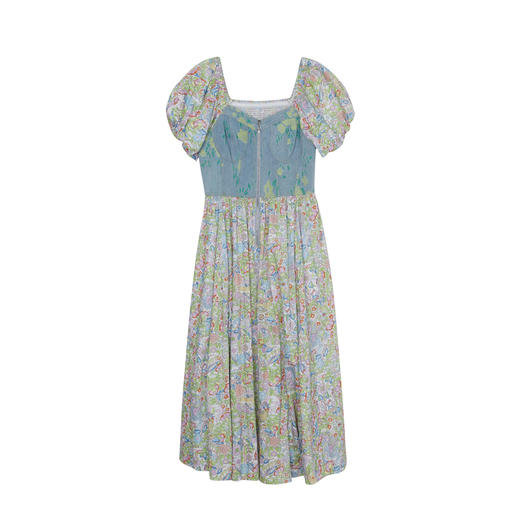 谜底碎花连衣裙短袖2023夏新款文艺拼接修身中长裙短袖232ML0543 商品图4