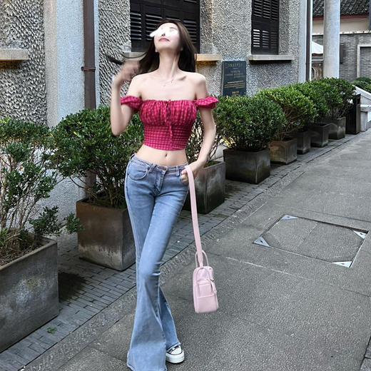 MENGXIANG 【杀疯了的美貌  性感 一字领】 格子衬衫女短袖夏季修身泡泡袖绑带上衣 商品图0