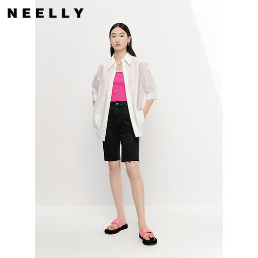 NEELLY纳俪商场同款白色衬衫女五分袖心机露背大蝴蝶结纯棉上衣夏N23042B01048 商品图1