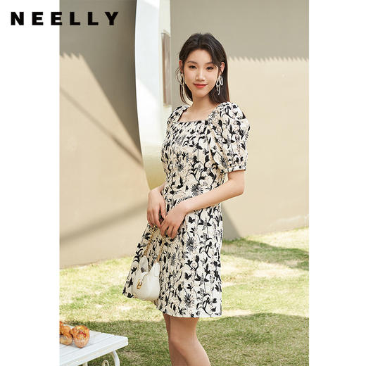 NEELLY纳俪商场同款方领泡泡袖连衣裙女夏季镂空刺绣收腰A字裙潮N23044Y04403 商品图1