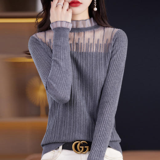 QHJY-JYA023115轻奢蕾丝拼接立体花朵长袖针织衫23春夏半高领显瘦外搭羊毛上衣女 商品图0