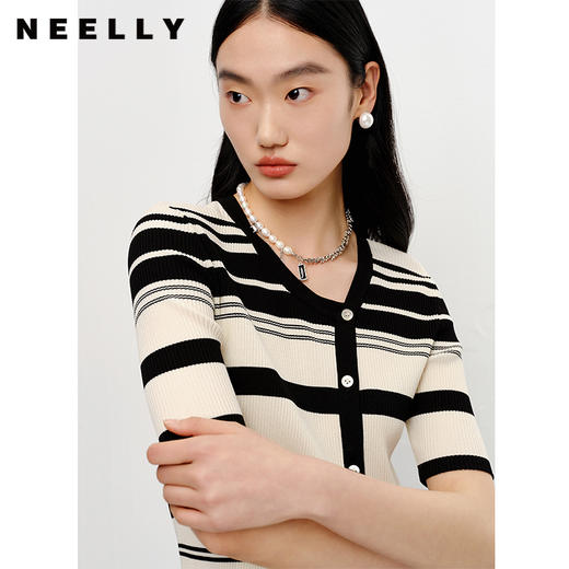 NEELLY纳俪商场同款条纹短袖针织衫女夏季不规则小众修身开衫上衣N23042A01034 商品图2