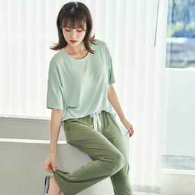 【MUJI同款短袖带胸垫家居服】女士夏季莫代尔睡衣带胸垫，防凸点短袖家居服套装