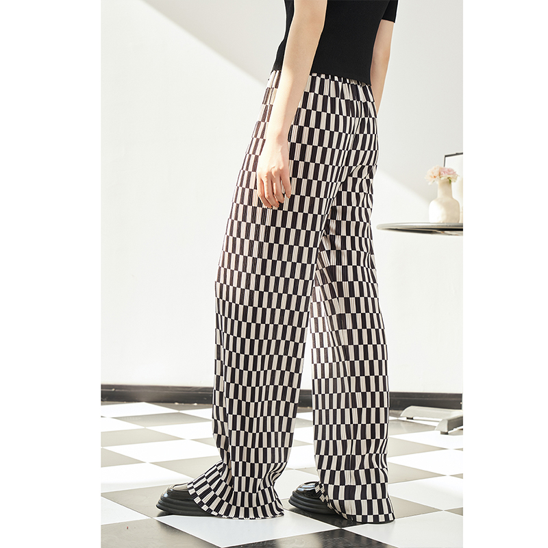 NEELLY纳俪商场同款个性黑白格子高腰休闲裤女宽松舒适百搭直筒裤N23044H03330