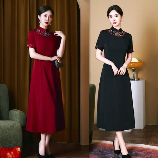 仿醋酸绣花长款旗袍大摆裙，时尚喜妈妈婚宴旗袍裙GX-21683 商品图1