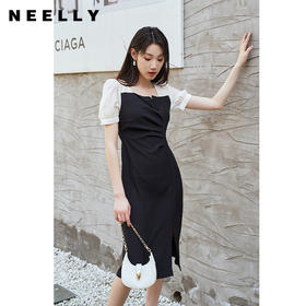 NEELLY纳俪商场同款黑色连衣裙女韩版设计感打褶显瘦A字裙夏季N23044Y04411